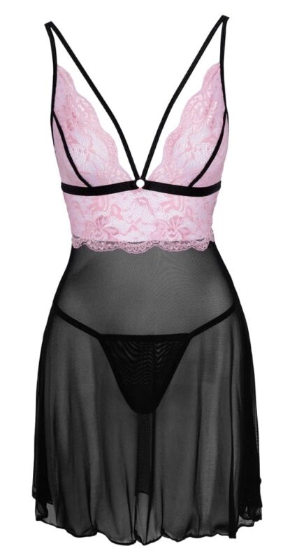Cottelli Collection - Babydoll med blondeoverdel - Rosa/Sort