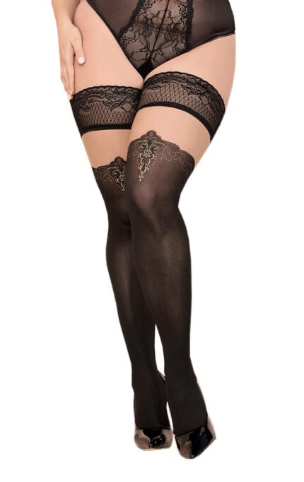 Ballerina Secret - Soft - Sorte strømper kant og mønster ved kne - Hold up - Plus Size