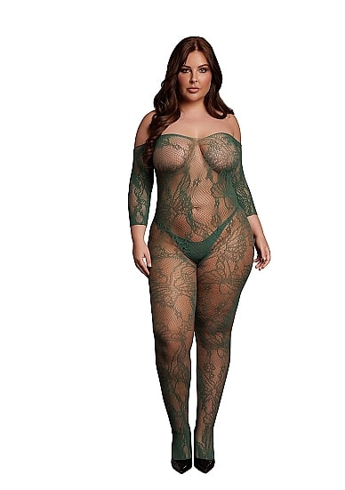 Le Desir - Sexy Catsuit med netting og blomstermønster - Queen Size 2XL-5XL - Grønn