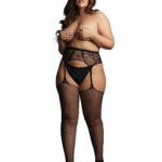 Le Desir - Nettingstrømper med strømpeholder med blondemønster - Sort - Queen size 2XL-5XL