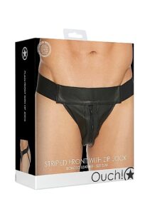 Ouch! Striped Front Zip Jock - Jockstrap - Bonded Leather - Sort