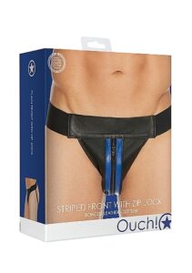 Ouch! Striped Front Zip Jock - Jockstrap - Bonded Leather - Sort/Blå